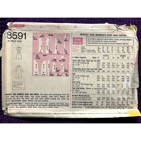 Simplicity Pattern 8591 bodycon dress tent coat  1960s sz 14 bust 36 - Picture 3 of 5